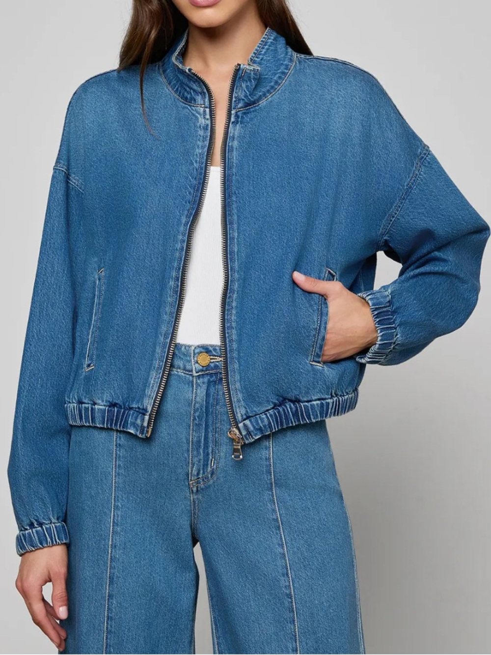 L'AGENCE Dunia Jean Blue Denim Zip-Front Bomber Jacket size XS New